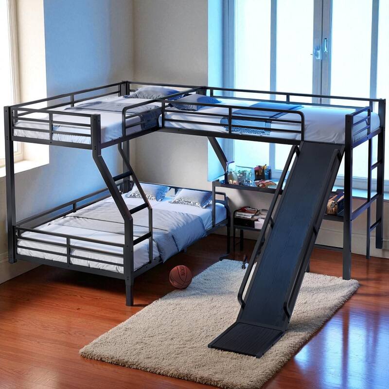 L-Shaped Metal Triple Bunk Bed with Slide & USB, Twin XL over Queen/Twin over Full with Loft, Noise-Free, Black - Black - Full
