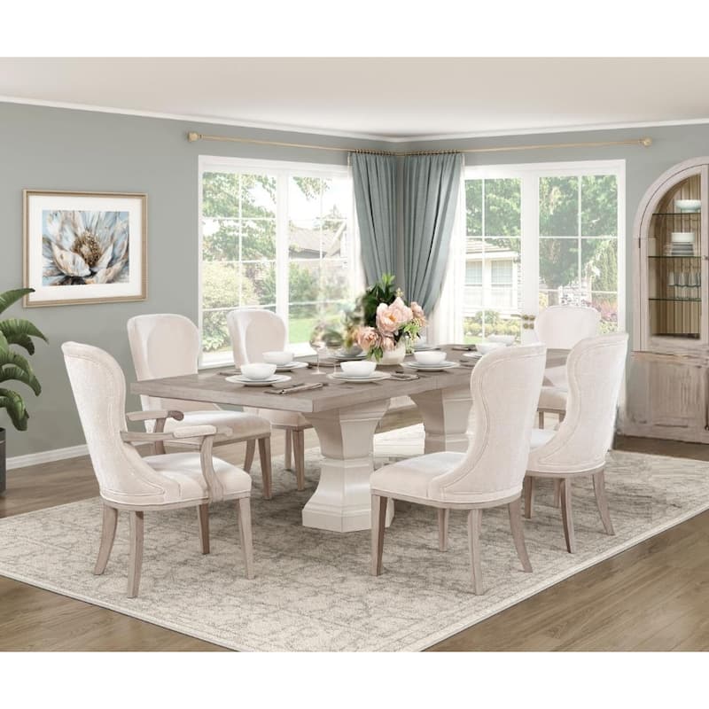 Modern Dining Set Extendable Table Armchairs Side Chairs Ivory Fabric Upholstered Furniture - 7pc Set