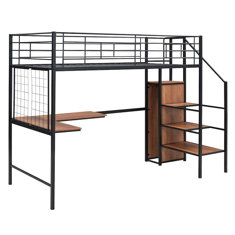 Twin Metal Loft Bed with L-Shaped Desk, Shelves, and Wardrobe Storage