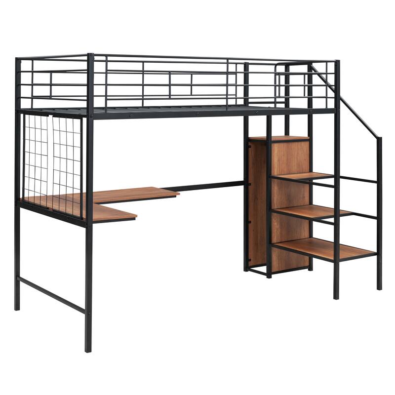 Twin Size Metal Loft Bed with Desk, Metal Grid, Storage Ladder, and Wardrobe