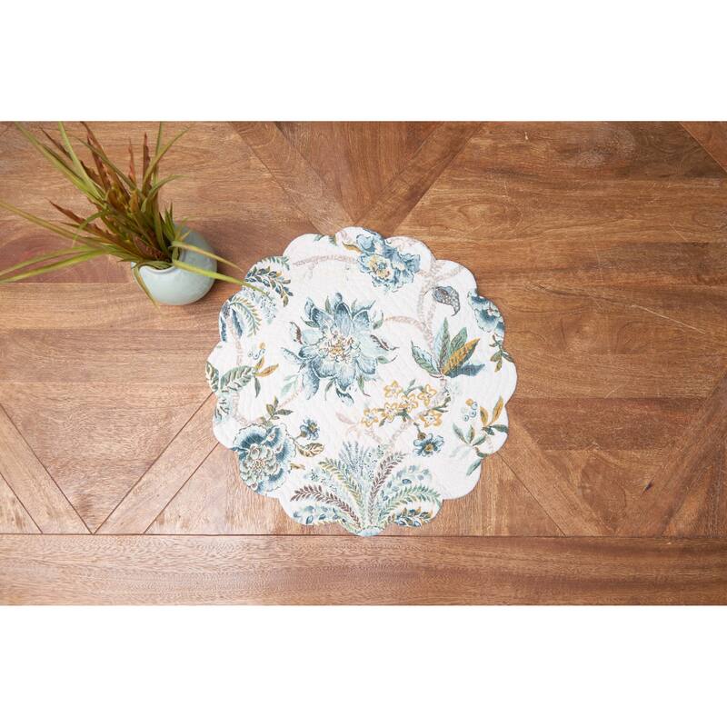 Braganza Teal Vintage Floral Flower Design Round Placemats Set of 6, 17"