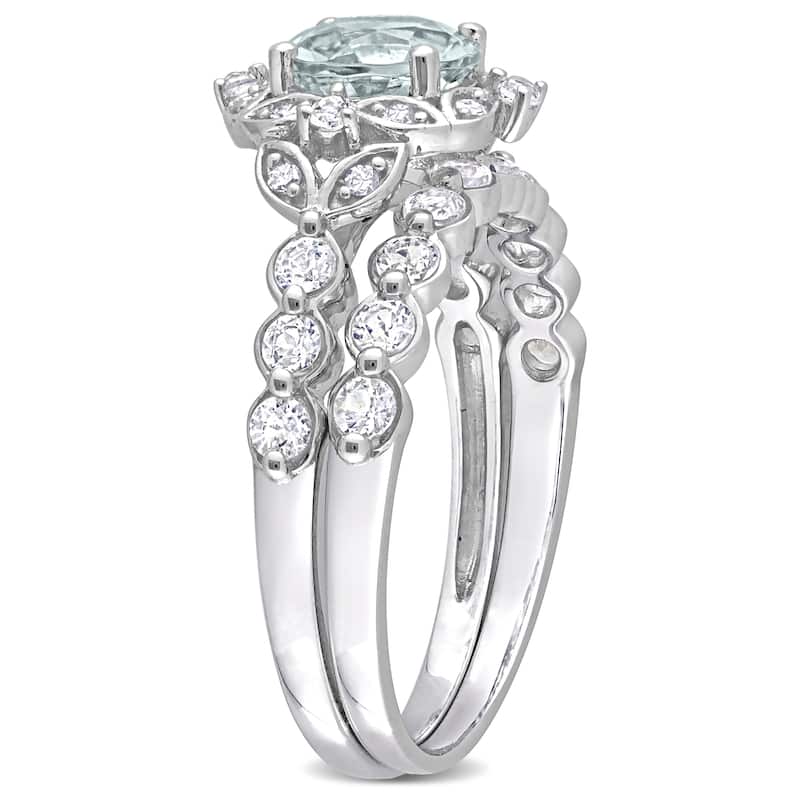 Miadora 1 4/5ct TGW Aquamarine White Topaz Diamond Accents Vintage Bridal Ring Set in 10k White Gold