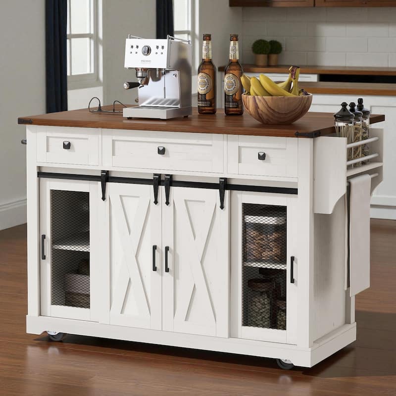 58" Farmhouse Kitchen Island with Drop Leaf, Sliding Barn Door, Power Outlet, and Rolling Storage Cabinets - Retro White