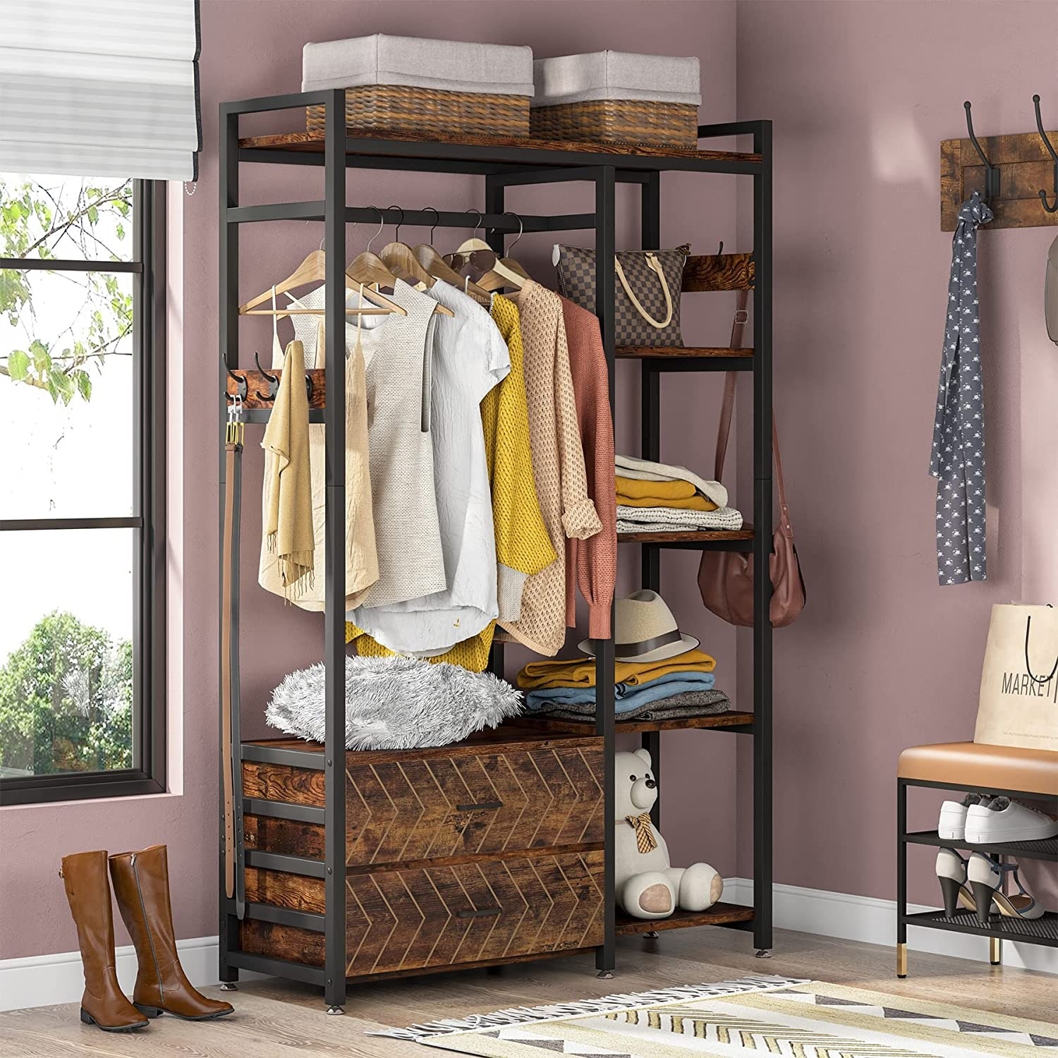 Freestanding Closet Organizer Clothes Rack with Drawers and