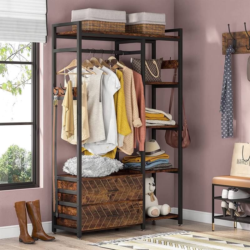 Freestanding Closet Organizer with 2 Drawers, Clothes Shelf Garment Rack with Shelves and Hanging Rod, Clothing Storage-Brown