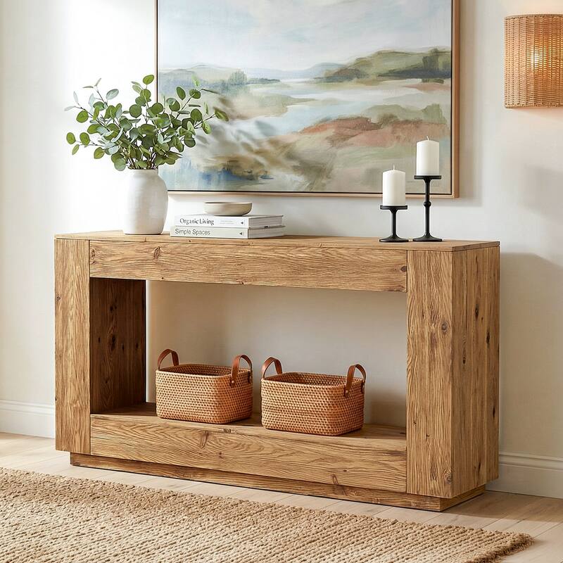 59" Solid Wood Entryway Table, 2-Tier Console Table with Open Storage
