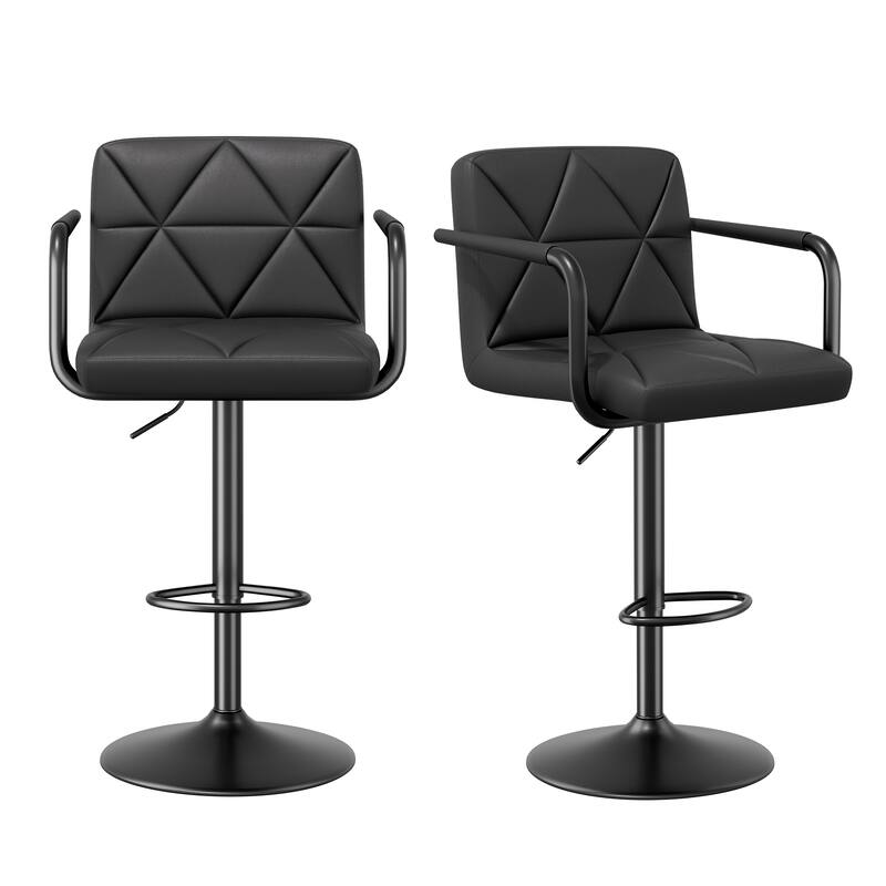 Modern Bar Stools Set of 2 Upholstered Faux Leather Barstools with Back and Arms Height Adjustable Bar Chairs