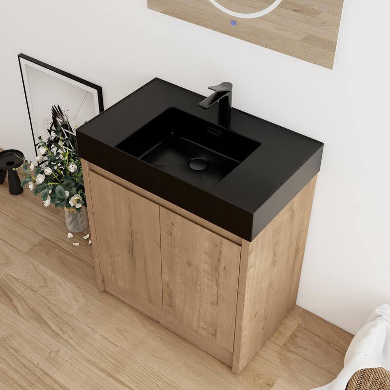 ARTCHIRLY 24/30 Inch Bathroom Vanity with Sink, Freestanding Bathroom Vanity with Soft Close Door and Adjustable Shelf - 30''W - Imitative Oak with Black Basin