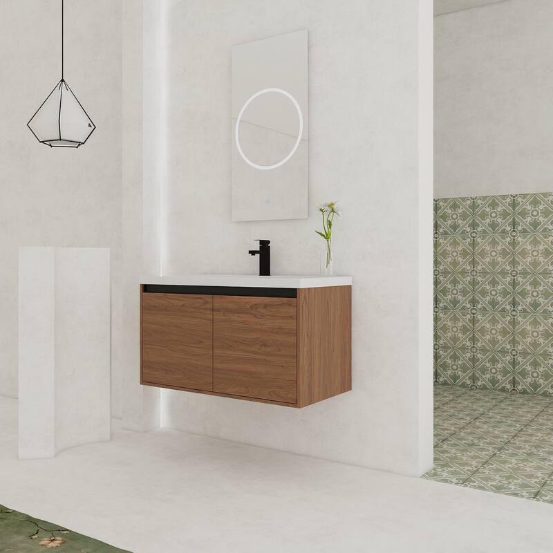 GDFStudio - Levistar Modern Wall-Mounted Bathroom Vanity Set with Scratch-Resistant Resin Sink & Soft Close Doors