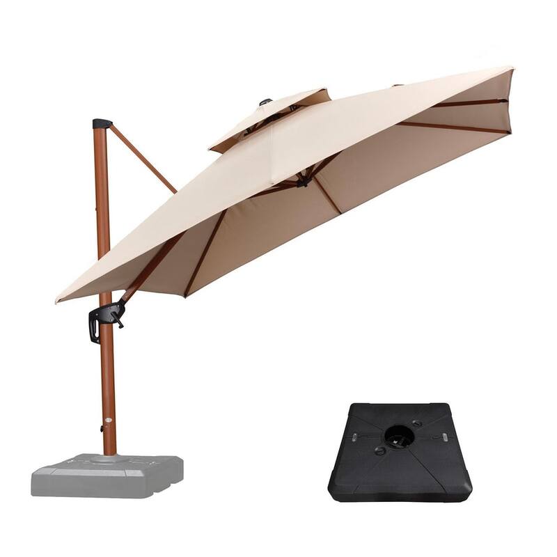 PURPLE LEAF 10 ft Square Wood Pattern Patio Cantilever Umbrella with Base - Beige