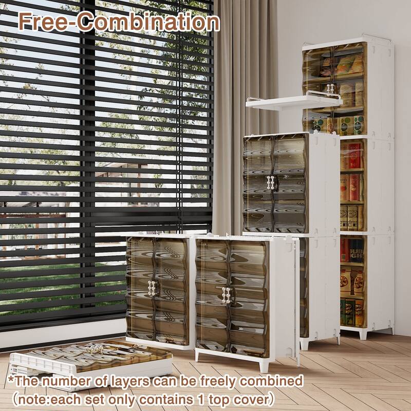 VECELO 2/3-Tier Plastic Storage Cabinet with Transparent Tea-Colored Doors Quick No-Tools Assembly Multi-Purpose Organization