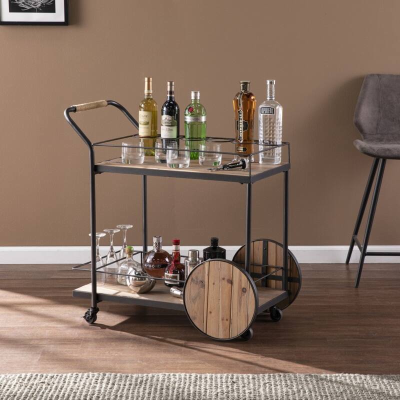 Mobile Bar Cart with Natural Wood Surface Matte Iron Frame 6-Bottle Wine Rack and Shelf - 34”H x 32.25”W x 17.5”D