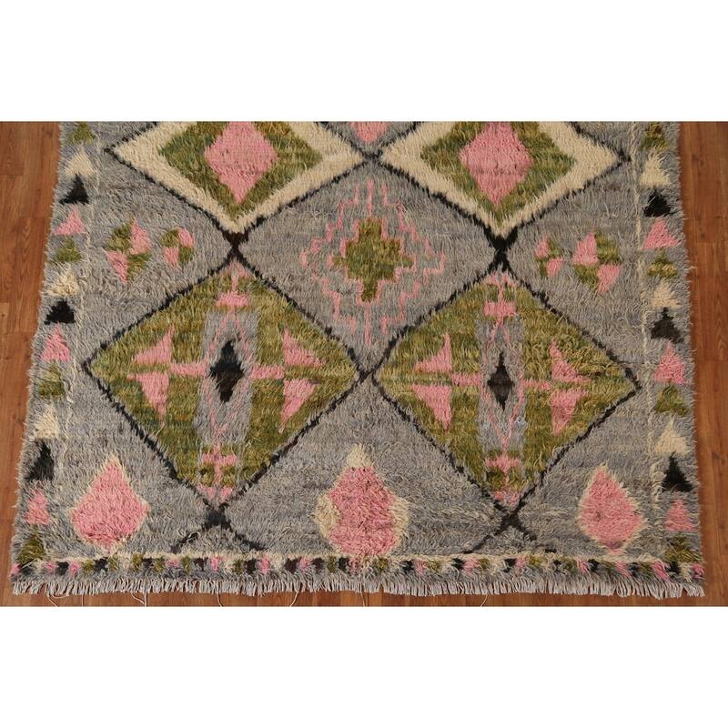 Hand Knotted Oriental 100% Wool Carpet Modern Tribal Greys & Charcoal Moroccan Area Rug - 8' 10'' X 6' 10''