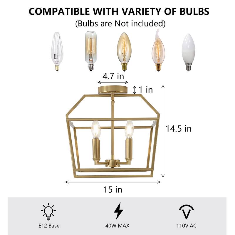 Modern 4 - Light Semi - Flush Mount, Gold Geometric Cube Design