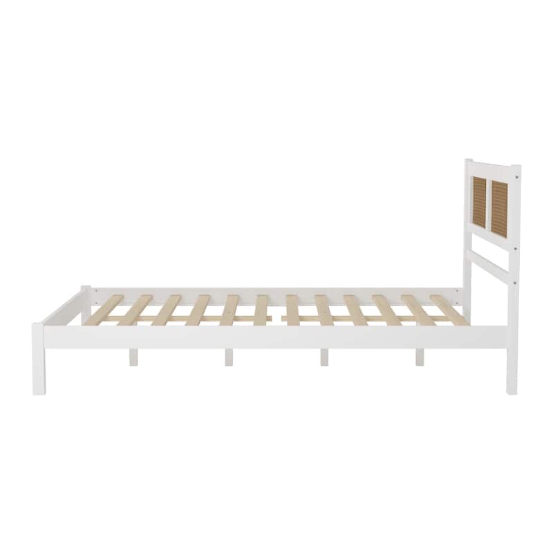 Queen Size Wooden Platform Bed with Rattan Headboard, Minimalist Charm