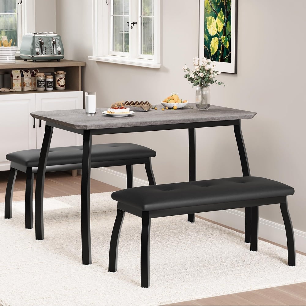 Dining Table Set for 4, with 2 Upholstered Benches