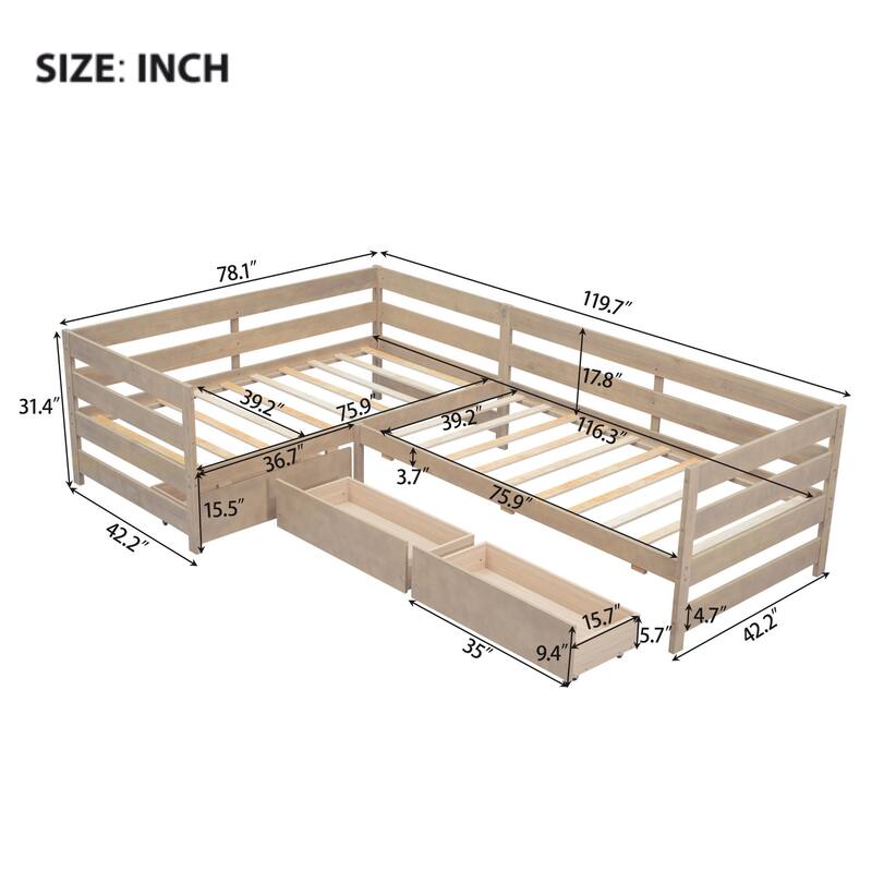Twin Size L-Shaped Platform Bed With Three Storage Drawers