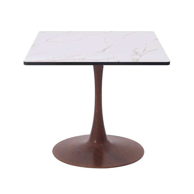Bristol 27" Square Dining Table with Marbled White MDF Top and Steel Pedestal Base for Modern Kitchen and Dining Room - 27 in. - Walnut