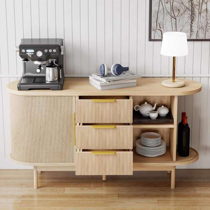 Moasis Mid-Century Modern Fluted Sideboard Buffet Cabinet with Sliding Doors and Drawers