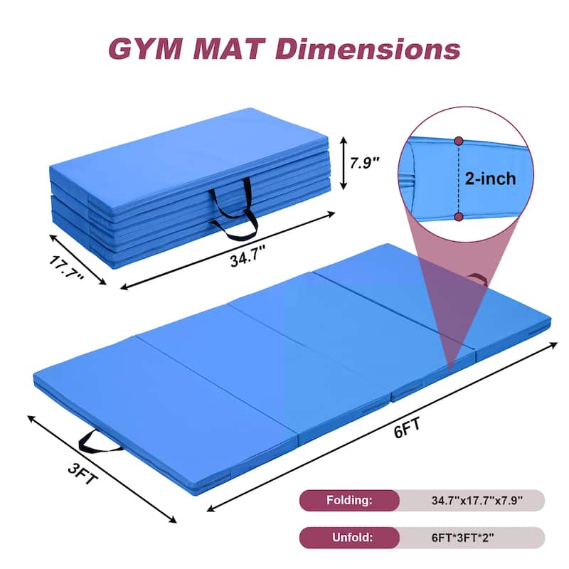 Zenova Gymnastics Mat 6' x 3' x 2" Four Fold Folding Exercise Mat with Carrying Handles
