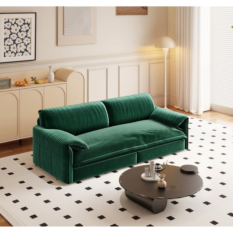 66" Queen Velvet Pull Out Sofa Bed w/ Side Storage Multi-Functional Loveseat Bed for Living Room Office - Green