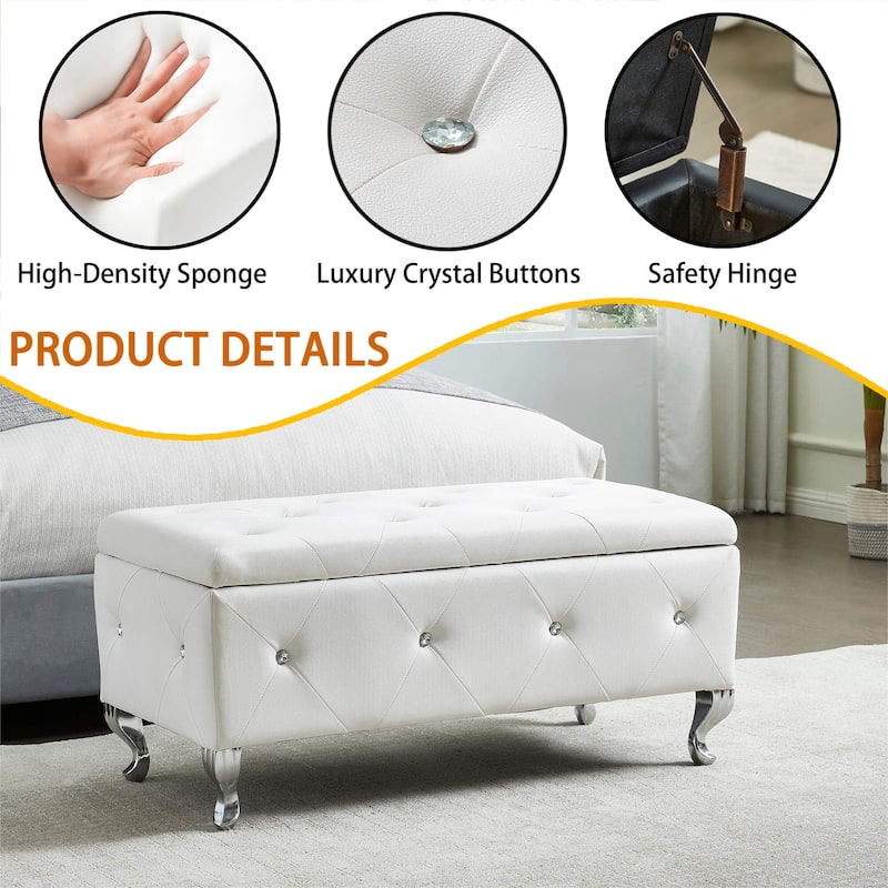 Large Tufted Upholstered Storage Ottoman Benches,Metal Legs,Crystal Buttons