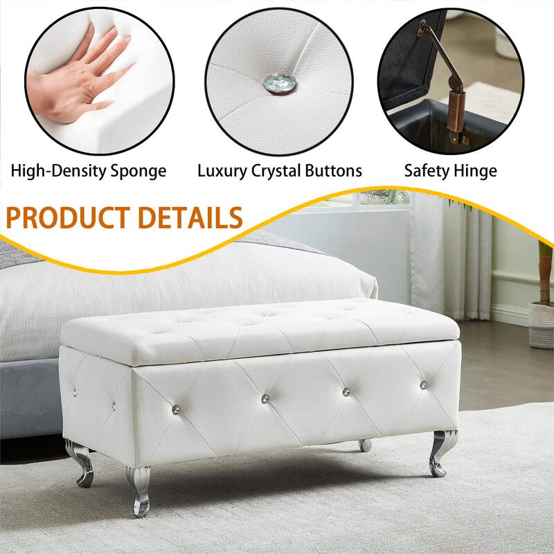 Storage Bench Leisure Stool with Safety Hinged Flap, End of Bed Decorative Bench with Crystal Buttons and Metal Legs