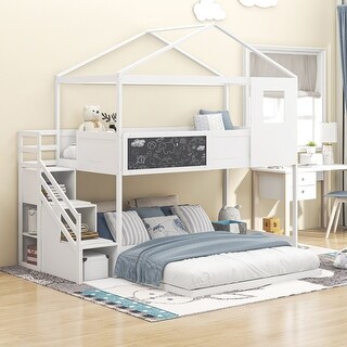 Twin over Full House Bunk Bed with Storage Staircase & Doodle Blackboard, Solid Wood Slats Support, Perfect for Kids' Bedroom