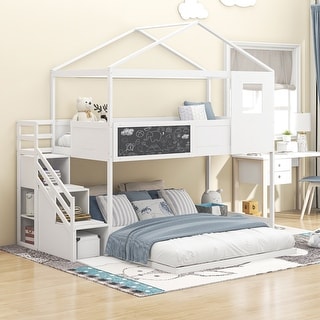 Twin over Full House Bunk Bed with Storage Staircase and Doodle Blackboard - Perfect for Kids' Bedroom