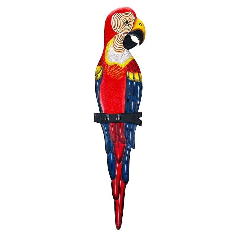 Wood Parrot Wall Decor 38" Hand-Carved Macaw Sculpture Tropical Bird