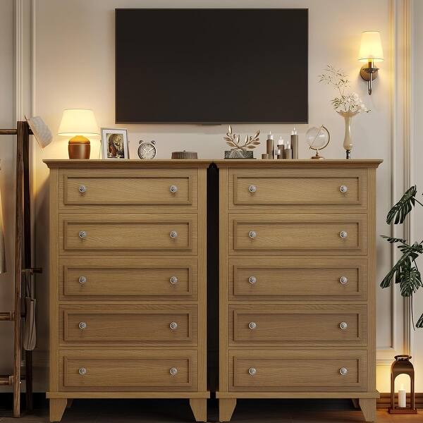 5-Drawer Tall Dresser, Wooden Storage Chest with Metal Handles for Bedroom, Living Room, ‎Brown