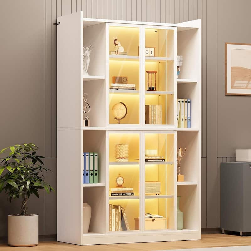 Display Cabinet Glass Doors 6 Tier Tall Bookcase LED Lights Curio Cabinet Adjustable Shelves