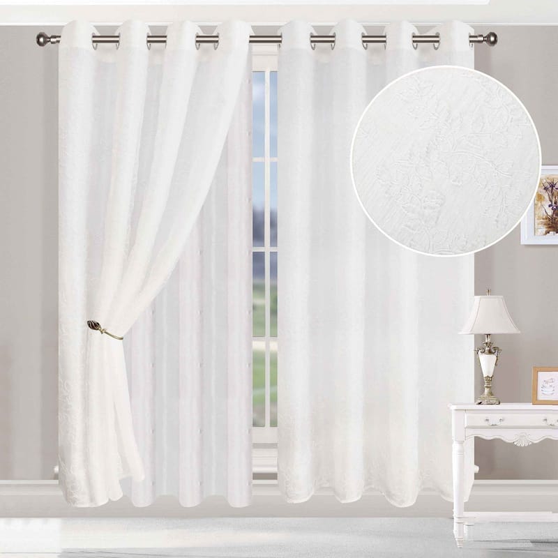 Superior Foliage Vintage Rustic Leaves Sheer Curtain Set with 2 Panels - 42" X 96" - White