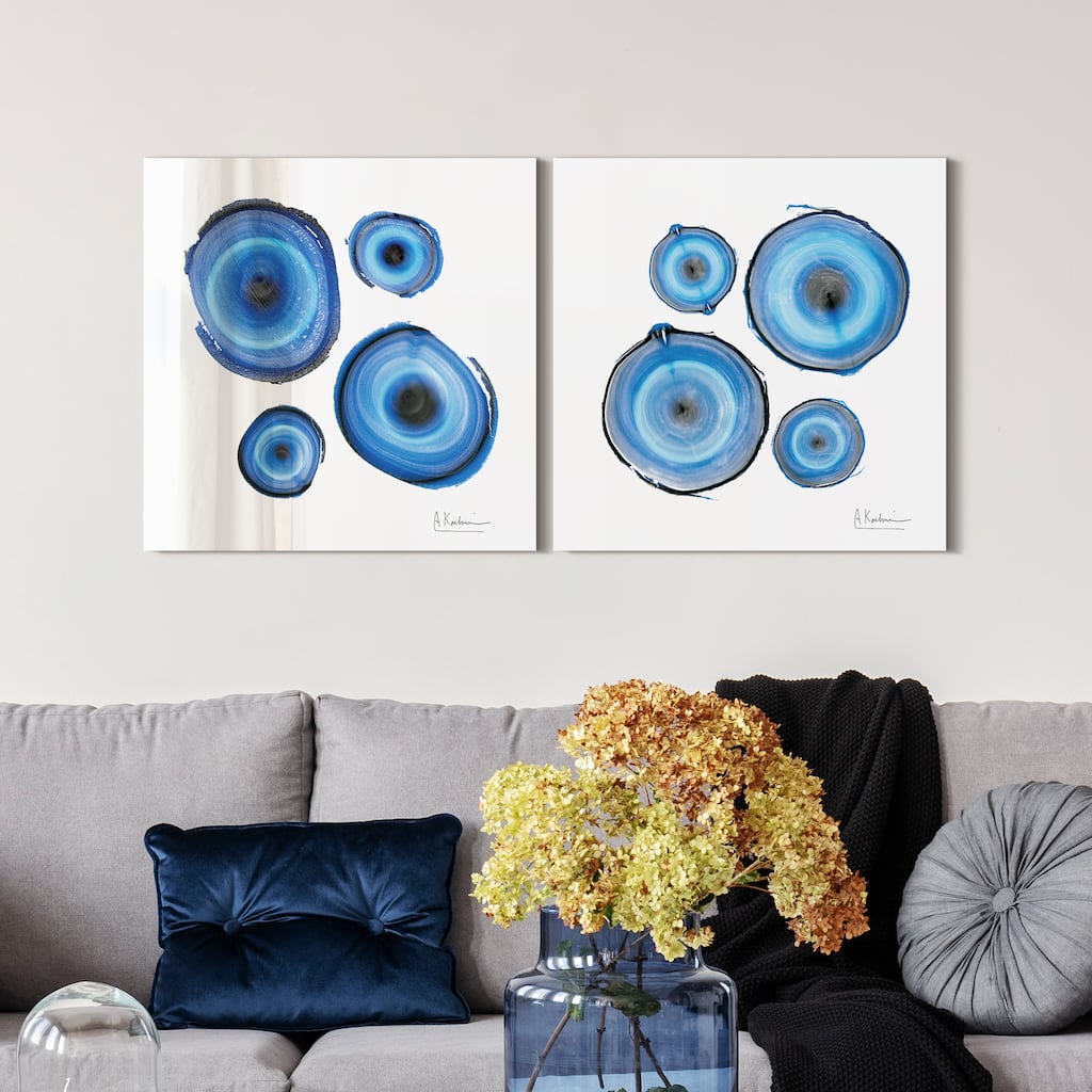 "Mineral Rings I & II" Abstract Wall Art Printed on Frameless Free Floating Tempered Glass Panel - Blue