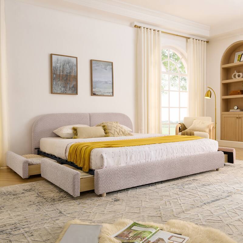 Fabric Upholstered Platform Bed Frame with Curved Headboard/4 Built-in Wheeled Storage Drawers/Sturdy Legs Support/Easy Assembly