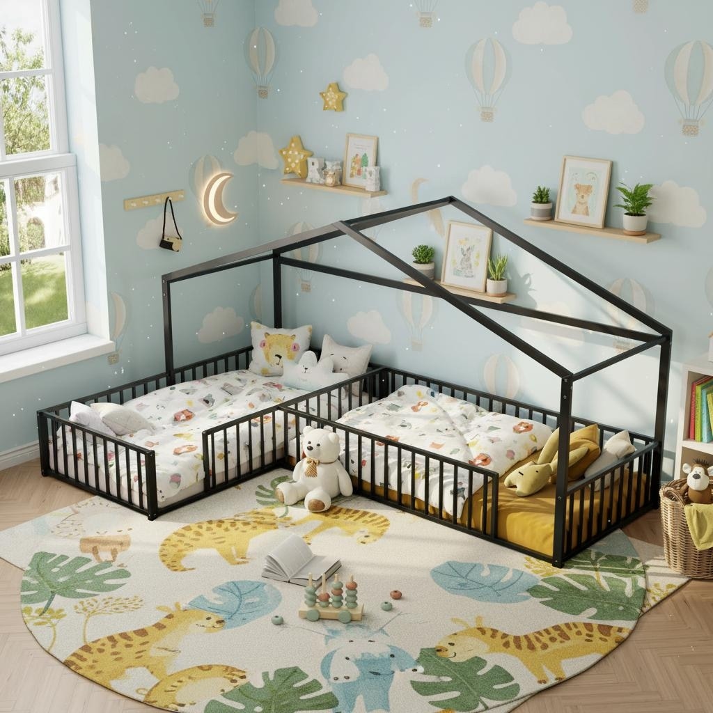 Double Twin Size L-Shaped Montessori Metal House Bed by