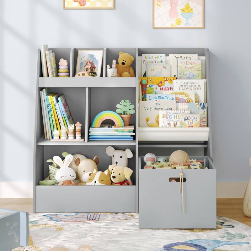 A children's bookcase with a large-capacity trolley and a toy storage device - Grey