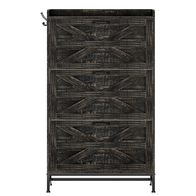 Narrow Shoe Cabinet with 3 Flip Drawers, Large Capacity Entrance Storage Cabinet, Shoe Rack with Side Hook & Adjustable Legs