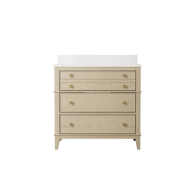 35''H Solid Wood Bathroom Vanity with Carrera White Quartz Top,Drawers And Single Sink