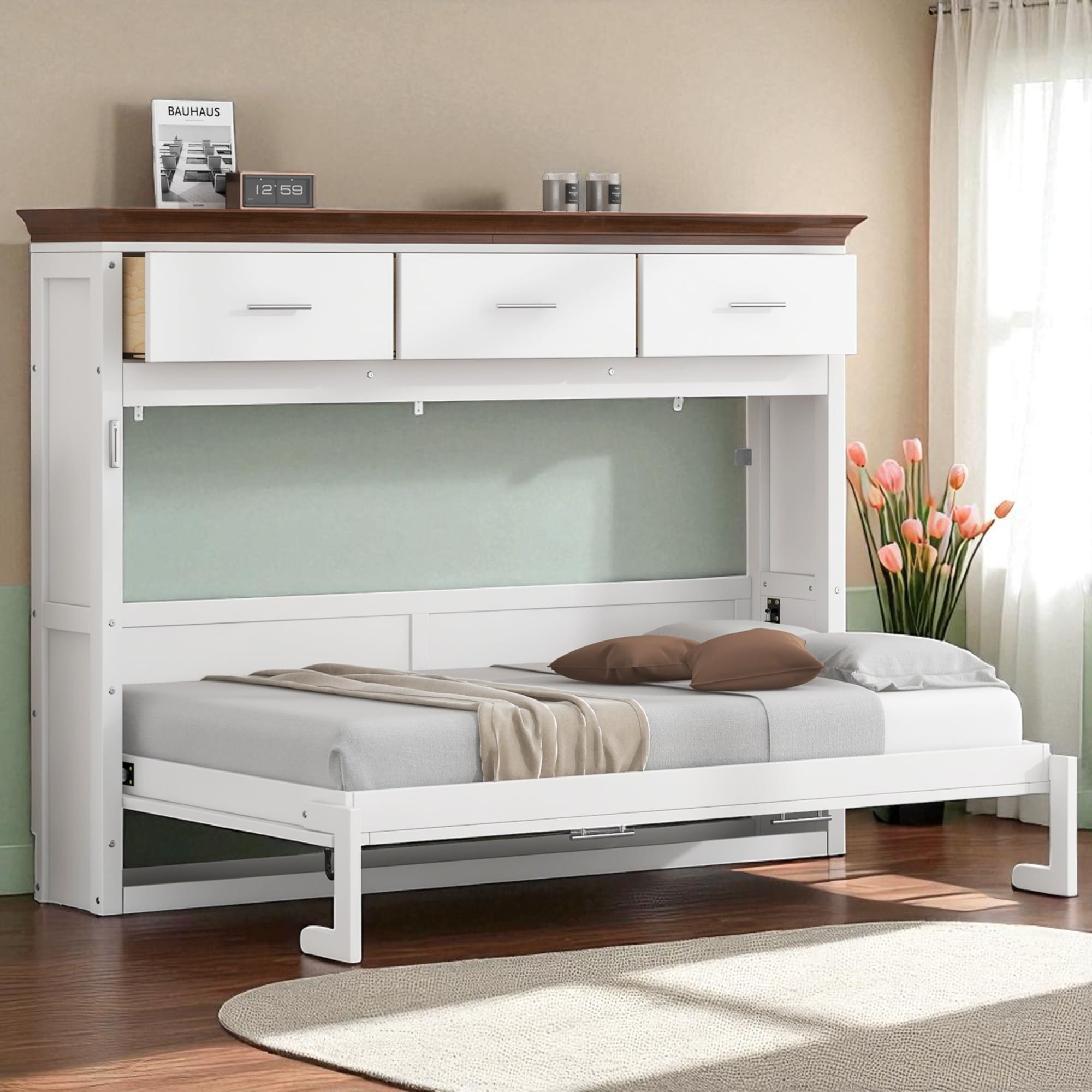 Twin Size Murphy Bed with Storage Cabinet and 3 Drawers, Foldable Wall Bed Frame No Box Spring Needed