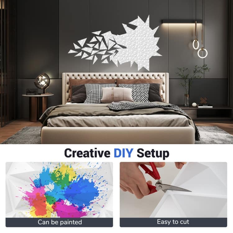 White PVC 3D Wall Panels Set of 40 with Diamond Pattern and Peel-Stick Design