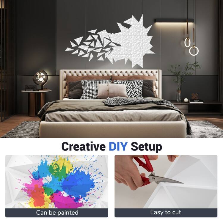 White PVC 3D Wall Panels with Diamond Pattern Peel and Stick Set of 20