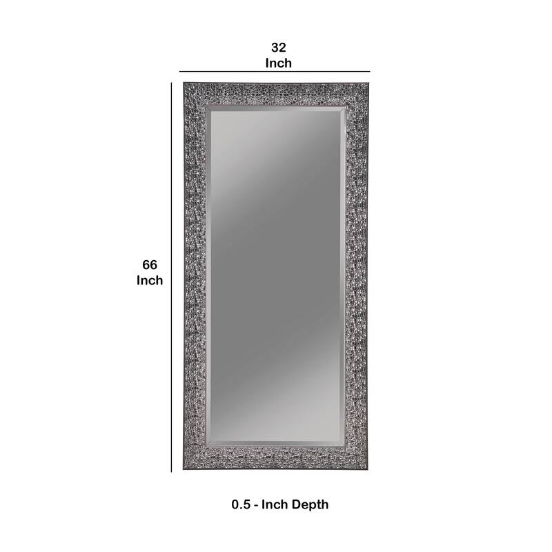 Rectangular Beveled Accent Floor Mirror with Glitter Mosaic Pattern, Gray