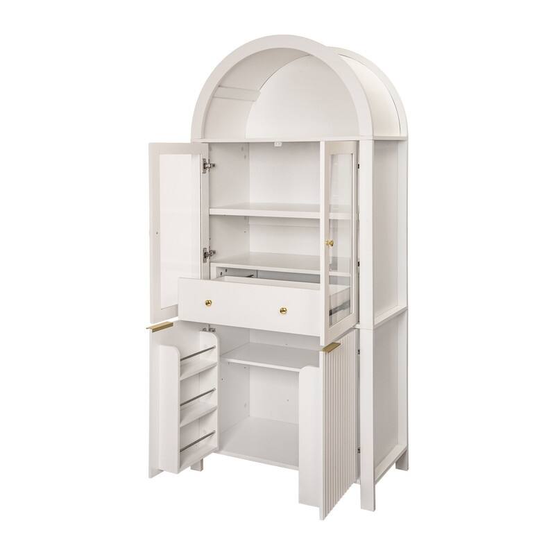 71" Tall Fluted Arched Pantry Cabinet with Glass Doors and Adjustable Shelves for Elegant Kitchen Storage