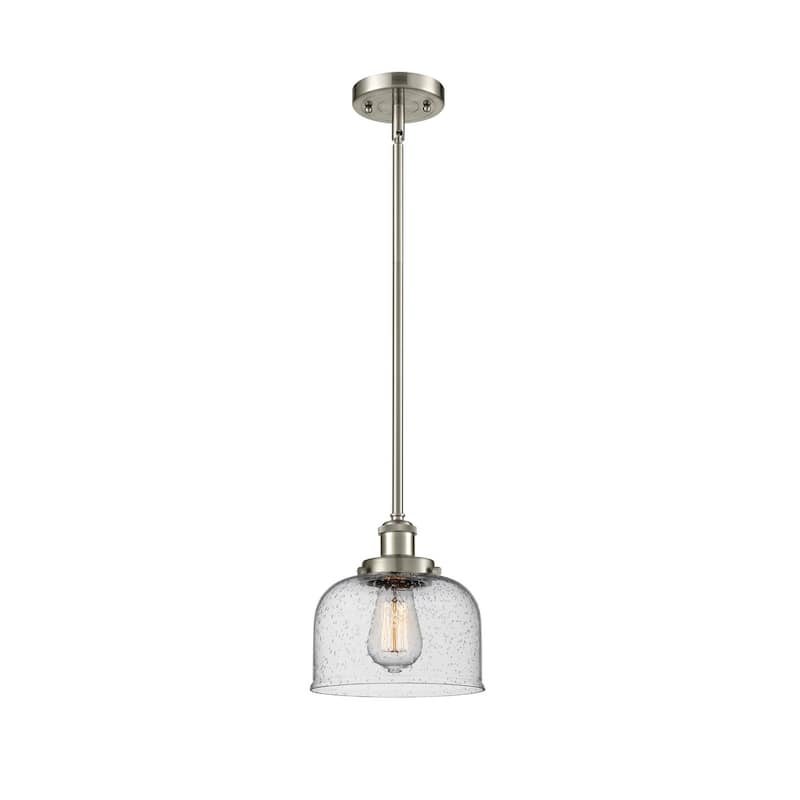Innovations Lighting Large Bell 8" Wide Mini Pendant - Rod Hung - Brushed Satin Nickel / Seedy