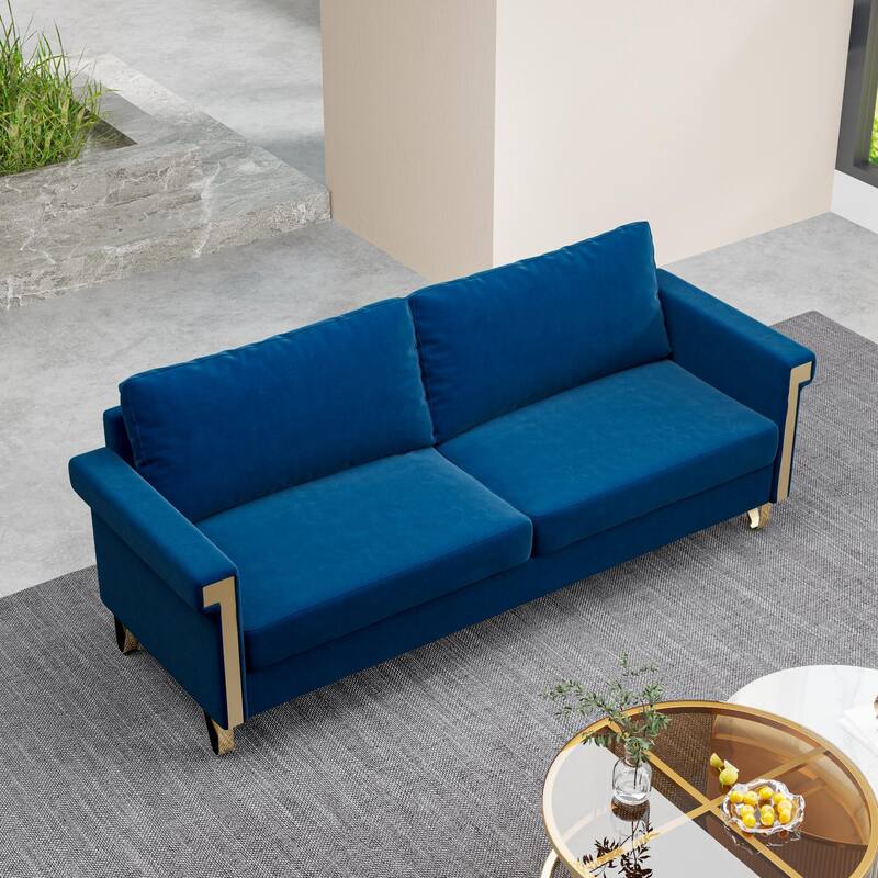 2-Seat Velvet Sofa with Flared Arms and Gold Metal Accents, Mid-Century Modern for Living Room
