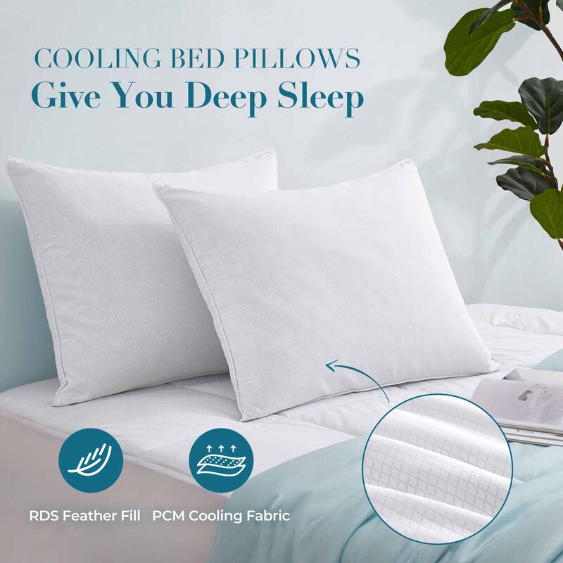 PCM Cooling Goose Feather Down Pillows Set of 2, Cool Touch Bed Pillow