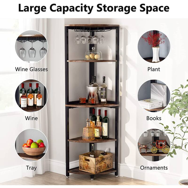 5-Tier Corner Shelf, Corner Bookshelf Small Bookcase with Wine Glass Holder Corner Stand Display Rack for Living Room