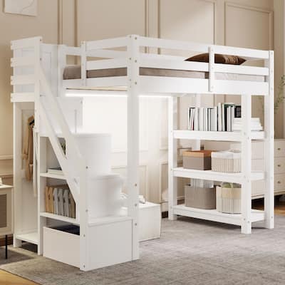 Multifunctionl Loft Bed Storage Wardrobe and Shelves, Wooden Bed Frame with LED Light & Staircase for Kids Teens Adults