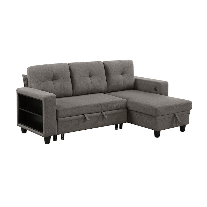 Hazel Boucle Sectional Sofa - Reversible Chaise, Pull-out Bed, Shelves - Dark Brown